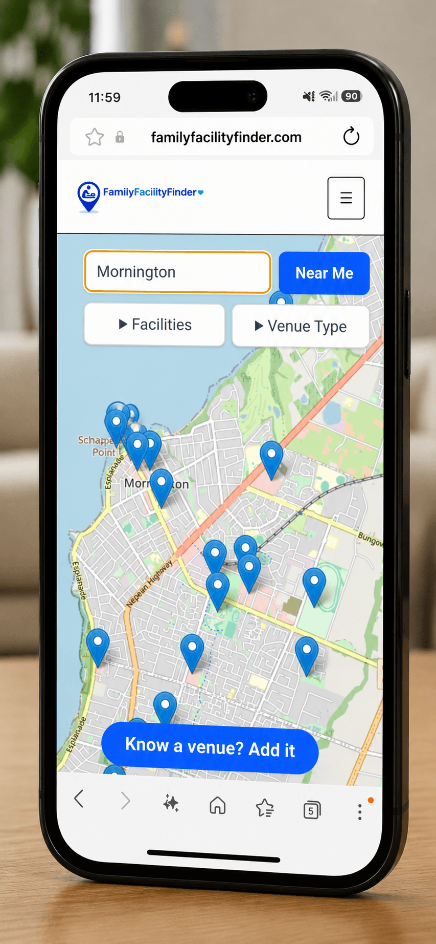Family Facility Finder map displayed on a mobile phone